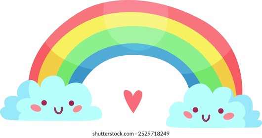 A vibrant rainbow arches between two playful smiling clouds adorned with rosy cheeks and a cute heart below creating a joyful and whimsical scene for kids.