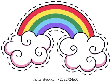 Vibrant rainbow arches over two fluffy, swirling clouds. The colorful design is outlined with dashed lines, giving it a playful, patch like appearance perfect for magical themes