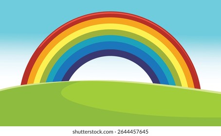 Vibrant rainbow arching over a lush green hill beneath a clear blue sky.