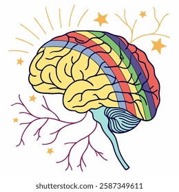 Vibrant rainbow brain illustration, showcasing creativity, positive thinking, and mental wellness.  Perfect for psychology, education, or mindfulness projects.