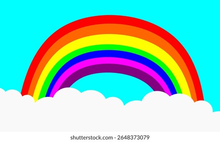 Vibrant rainbow and clouds vector illustration in flat, cheerful style. Features a full spectrum arc over soft white clouds against a bright blue sky, ideal for web, print, or kids' media.