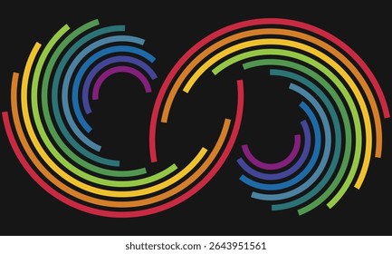Fondo abstracto vibrante del símbolo del infinito del color del arco iris con el arco concéntrico en un fondo negro. Representar la unidad, la diversidad, la creatividad y el diseño digital moderno para proyectos creativos