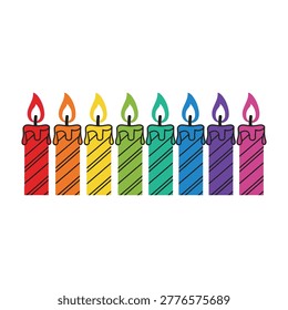 Vibrant rainbow colored birthday candles with flames on top, festive and celebratory mood