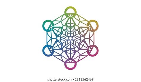 A vibrant rainbow colored Metatron Cube sacred geometry design on a clean white background