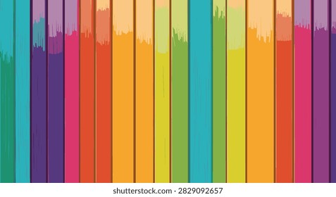 Vibrant rainbow colored vertical wood slats with a glossy finish and visible natural grain. Multi-colored timber planks arranged in a decorative spectrum pattern.