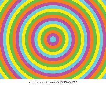 Vibrant rainbow concentric circles radiating outward in a mesmerizing pattern, evoking a magical rain theme with bright, neon colors and dynamic energy, perfect for eye-catching graphic design