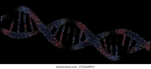 Vibrant rainbow DNA double helix made of colorful glowing dots on black background. Conceptual vector illustration for genomics, biotechnology and personalized medicine themes.