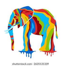 Vibrant rainbow elephant silhouette in abstract paper cut style with dripping paint effect, perfect for bold decor, posters, eco and wildlife-themed art