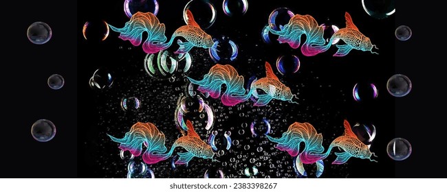 Vibrant Rainbow Fish Seamless Marine Pattern on a Black Background: A Colorful Oceanic Design.