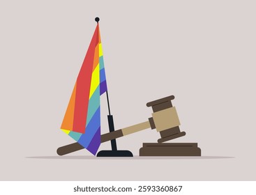 A vibrant rainbow flag stands alongside a judge's gavel, signifying the pursuit of justice and equality for the LGBTQ community, This powerful imagery conveys a message of acceptance and advocacy