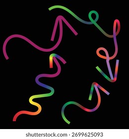 Flechas vibrantes del degradado del arco iris y líneas curvas sobre fondo negro: Formas direccionales Abstractas y coloridas para el diseño moderno, el cartel y el arte digital.