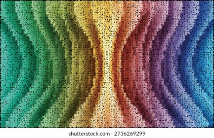 A vibrant rainbow gradient background meticulously constructed from numerous small, criss-cross shapes.