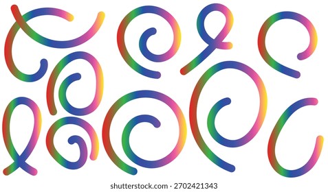 Vibrant rainbow gradient lines forming abstract spirals and curves for graphic designs Vector