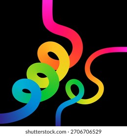 Las vibrantes líneas de degradado del arco iris que se arremolinan sobre fondo negro crean un elemento de diseño abstracto dinámico