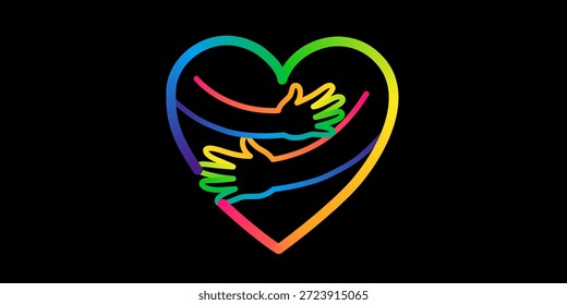 Ein lebendiges Regenbogenherz mit zwei Armen, die Liebe, Vielfalt und Unterstützung symbolisieren