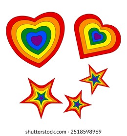 Vibrant rainbow hearts and stars symbolizing LGBTQ plus pride and love. Perfect for celebrating diversity and inclusivity.