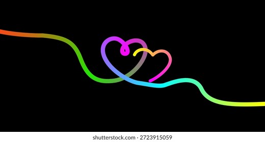 La vibrante línea del arco iris forma corazones entrelazados sobre un elegante fondo negro que representa el amor y la conexión