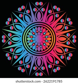 Design de mandala de arco-íris vibrante com detalhes intrincados, perfeito para meditação, ioga ou temas espirituais.