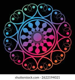 Vibrant rainbow mandala design with intricate details on a black background. Perfect for spiritual, yoga, or meditation themes.