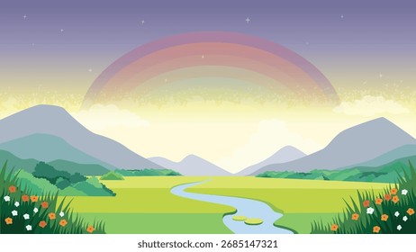 Vibrant Rainbow Over Grass Field in Nature