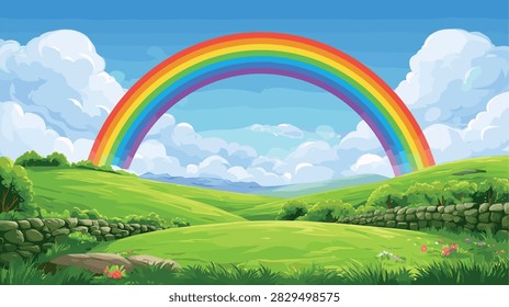 Vibrant Rainbow Over Idyllic Green Landscape with Stone Walls