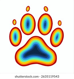 Vibrant rainbow paw print with layered concentric paper cut style, playful and bold vector illustration on white background, symbol of love and pets