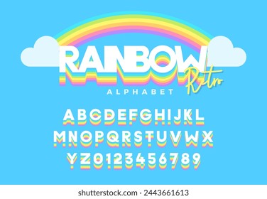 Lebhaftes Regenbogen-Retro-Alphabet und Zahlenset für bunte Typografie-Designs. Vektor-Schriftart-Effekt im flachen Stil mit verschiedenen Farben Farbverlauf