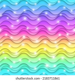 Vibrant Rainbow Seamless Pattern. 3D Wavy Striped Texture. Sparkling Unicorn Background. Vector Illustration.