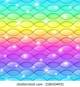 Vibrant Rainbow Seamless Pattern. 3D Wavy Texture. Abstract Oval Buttons. Sparkling Unicorn Background. Vector Illustration.