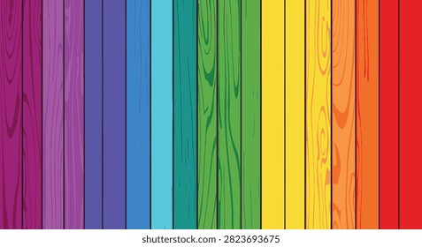 Vibrant rainbow spectrum vertical wooden planks background texture. Illustrated timber strips in red, orange, yellow, green, blue, indigo, and violet colors with visible grain.