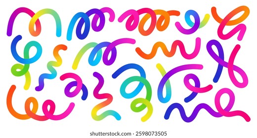 Vibrant rainbow streamers and colorful confetti. Festive serpentine for parties, celebrations, and carnival decorations. Bright 3D swirling ribbons on a white background.