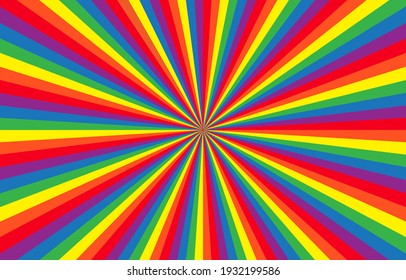 Vibrant rainbow Sunburst Background. LGBTQ flag Ray star burst backdrop. Vector Illustration