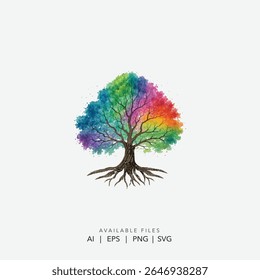 Vibrant Rainbow Tree of Life Logo , Colorful Abstract Tree Illustration for Environmental, Educational brands