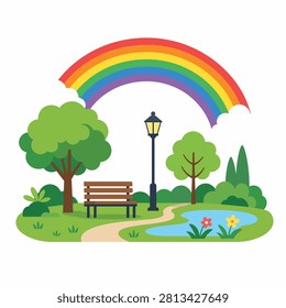 Vibrant rainbow umbrella casting shade over a wooden park bench in a lush green park setting