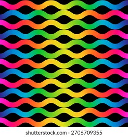 As ondas vibrantes do arco-íris que fluem através de um fundo escuro criam um padrão moderno visualmente impressionante
