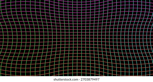 Vibrant Rainbow Wireframe Grid Pattern - Distorção geométrica curva com linhas de gradiente no fundo escuro para tecnologia abstrata, arte digital, papel de parede e desenhos visuais modernos