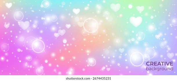 Vibrant rainbow-colored background with soft bokeh, glowing hearts, and sparkles. Perfect for romantic designs, kids’ themes, and dreamy visual projects. High-resolution vector illustration