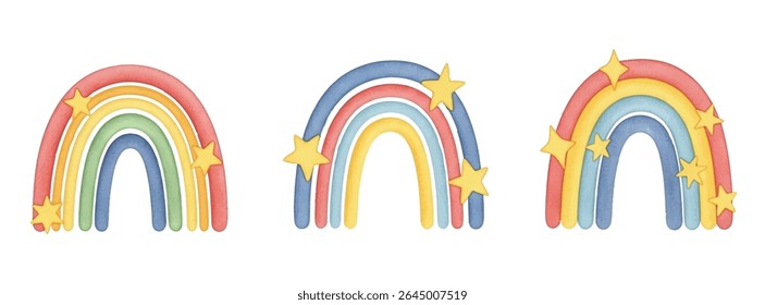 Vibrant rainbows with whimsical stars-perfect for kids decor, nursery art, party invitations, or cheerful print projects. Hand-painted charm with playful, magical vibes.