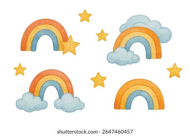 Vibrant rainbows with whimsical stars-perfect for kids decor, nursery art, party invitations, or cheerful print projects. Hand-painted charm with playful, magical vibes.