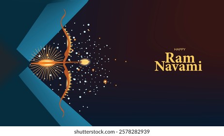 Vibrant Ram Navami illustration featuring a radiant bow and arrow, symbolizing Lord Rama’s divine strength, with festive colors and sparkling effects, celebrating the victory of good over evil