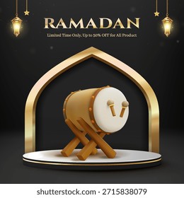 El vibrante tambor de Ramadán se sienta bajo un arco dorado brillante, rodeado de linternas contra un fondo oscuro. Esta escena festiva transmite tradición, comunidad y alegría durante el mes sagrado.
