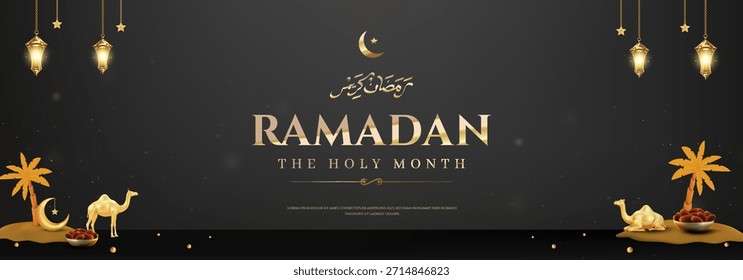 Vibrant Ramadan scene featuring gold lanterns, crescent moon, camels, and palm trees on a dark backdrop. Elegant, festive imagery ideal for Ramadan campaigns, religious events, and season.