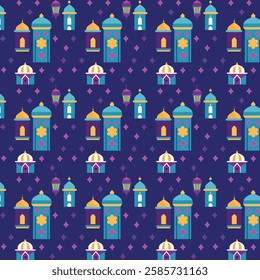 Vibrant Ramadan-Themed Seamless Pattern with Lanterns and Mosques