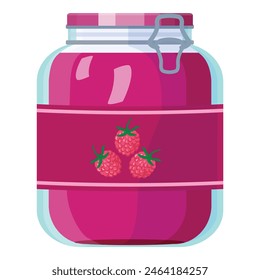 Vibrant raspberry jam jar illustration with vector art of sweet, homemade preserve, canned fruit in a glass container, sealed with a lid, perfect for pantry storage and delicious breakfast treat