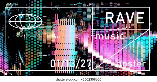 Vibrant rave poster with glitchy, pixelated patterns and bold typography. Features dynamic color blocks and an abstract digital aesthetic.