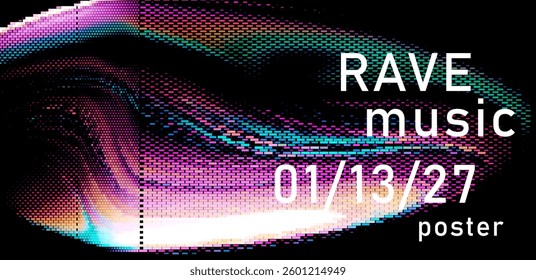 Vibrant rave poster with swirling pixelated patterns and bold typography. Features colorful digital textures, creating an energetic and modern music vibe.