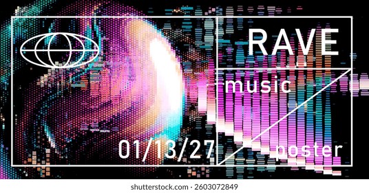 Vibrant rave poster with swirling pixelated patterns and bold typography. Features colorful digital textures, creating an energetic and modern music vibe.