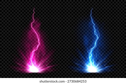 Raios vibrantes vindos de rajadas de energia. Ilustração vetorial com raios de energia rosa e azul e nevoeiro isolado em fundo quadriculado. Poderosos fluxos de raios dinâmicos.