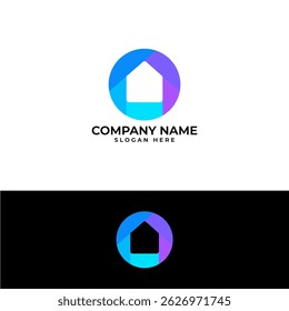 Logo inmobiliario vibrante. Presenta una silueta de casa limpia y centrada en un círculo colorido con un degradado azul y púrpura dinámico. Representa una casa, una propiedad o un enfoque moderno de los bienes raíces.