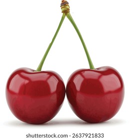 A vibrant and realistic close-up of two fresh, ripe red cherries connected by their green stems, forming an inverted V-shape. The cherries are glossy and plump, showcasing their rich color